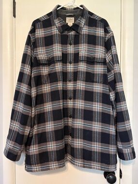 L.L. Bean Men's Button-Front Fleece-Lined Flannel Shirt XL Gray Plaid Pockets